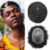 Lyricalhair Toupee for Men 8MM Kinky Curly Hairpieces for Man Brazilian Human Hair Replacement System Full PU Hair Units for African American Mens Wig Male Hair Prosthesis #1 Jet Black