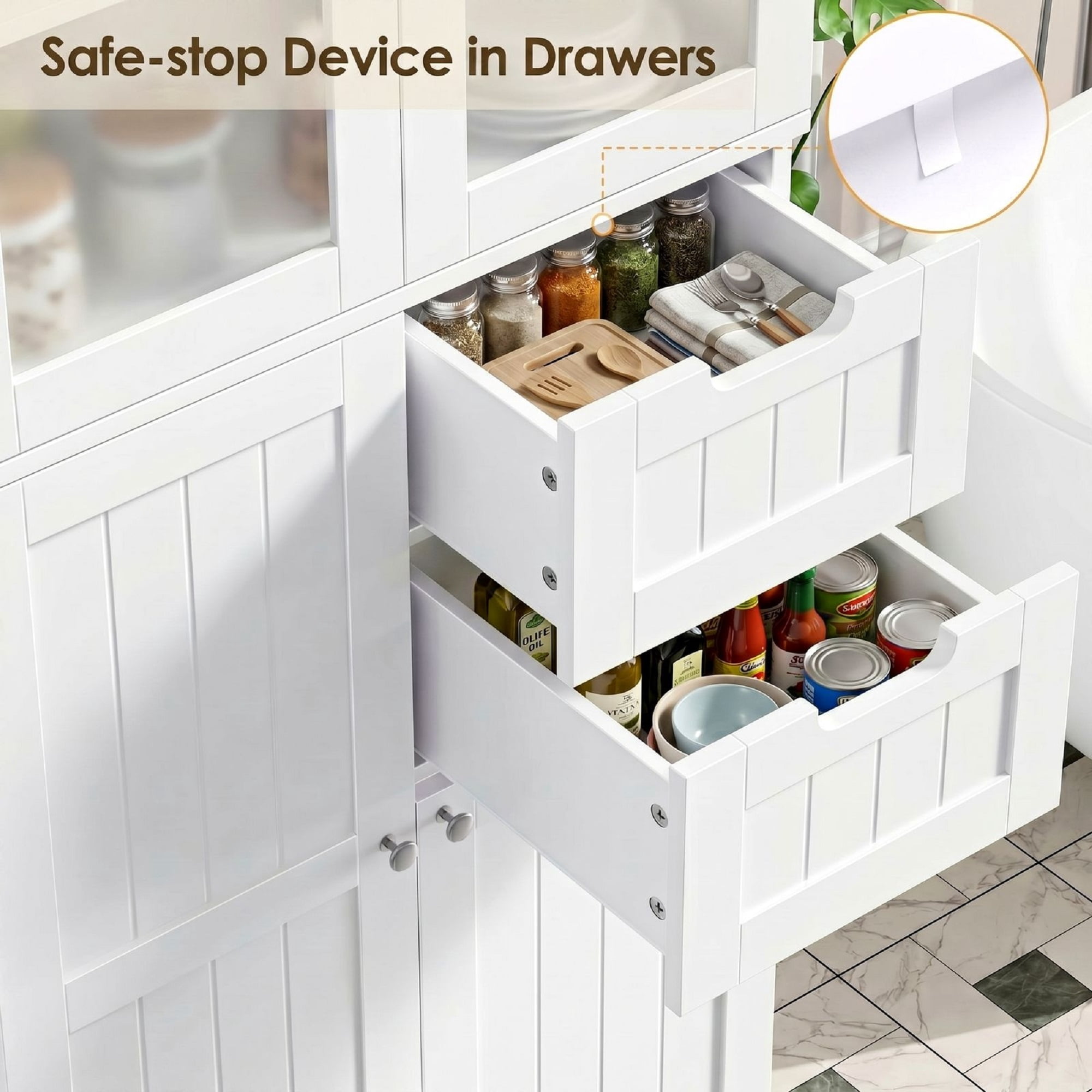 Homfa Kitchen Pantry Storage Cabinet, 67" White Pantry Cabinet with Doors and Removable Drawers, Freestanding Cupboard for Dining Room
