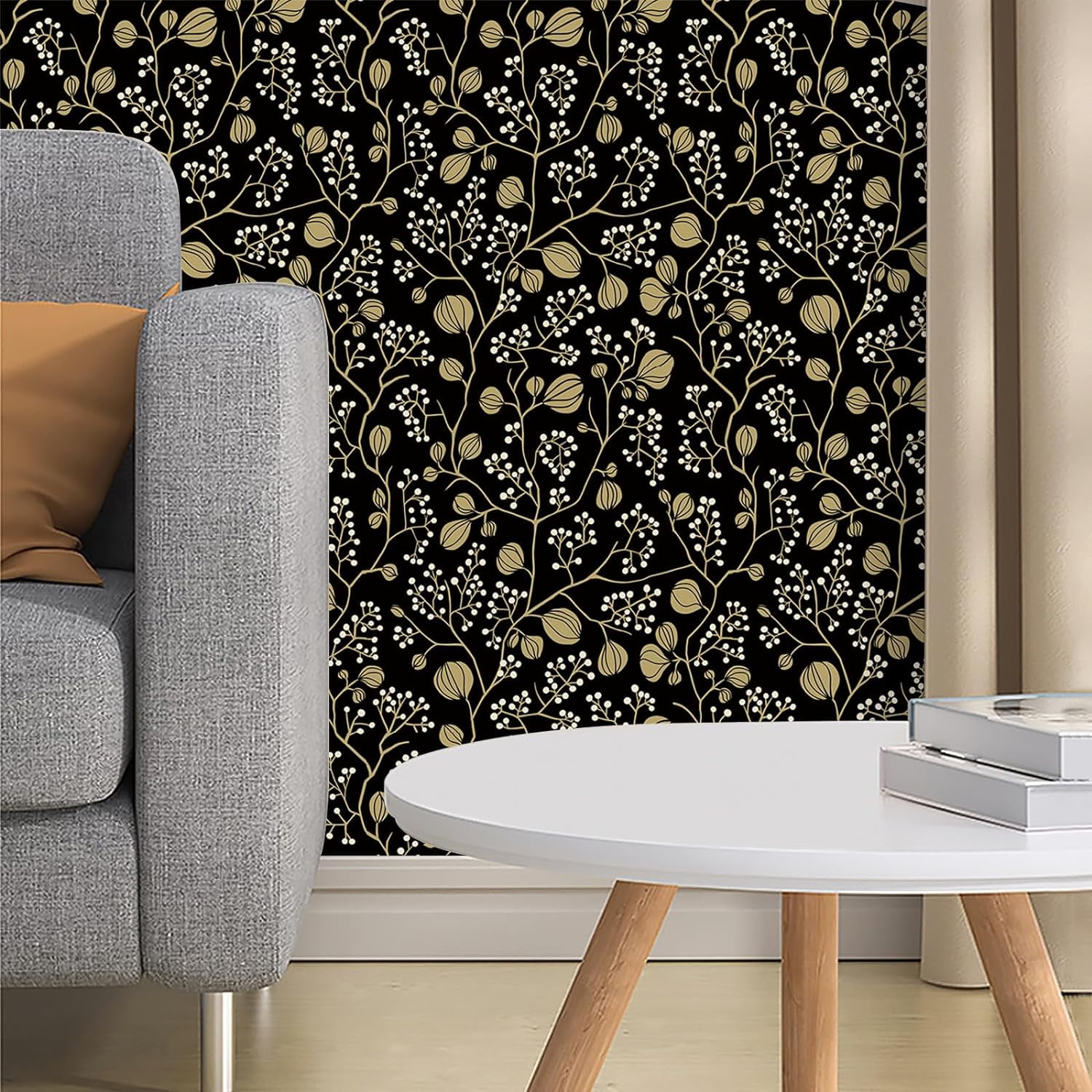 Abyssaly Black Peel and Stick Wallpaper 17.7" x 118" Self-Adhesive Floral Wallpaper Vintage Wallpaper Removable Wallpaper Covering for Home Decoration Bedroom Kitchen Closets