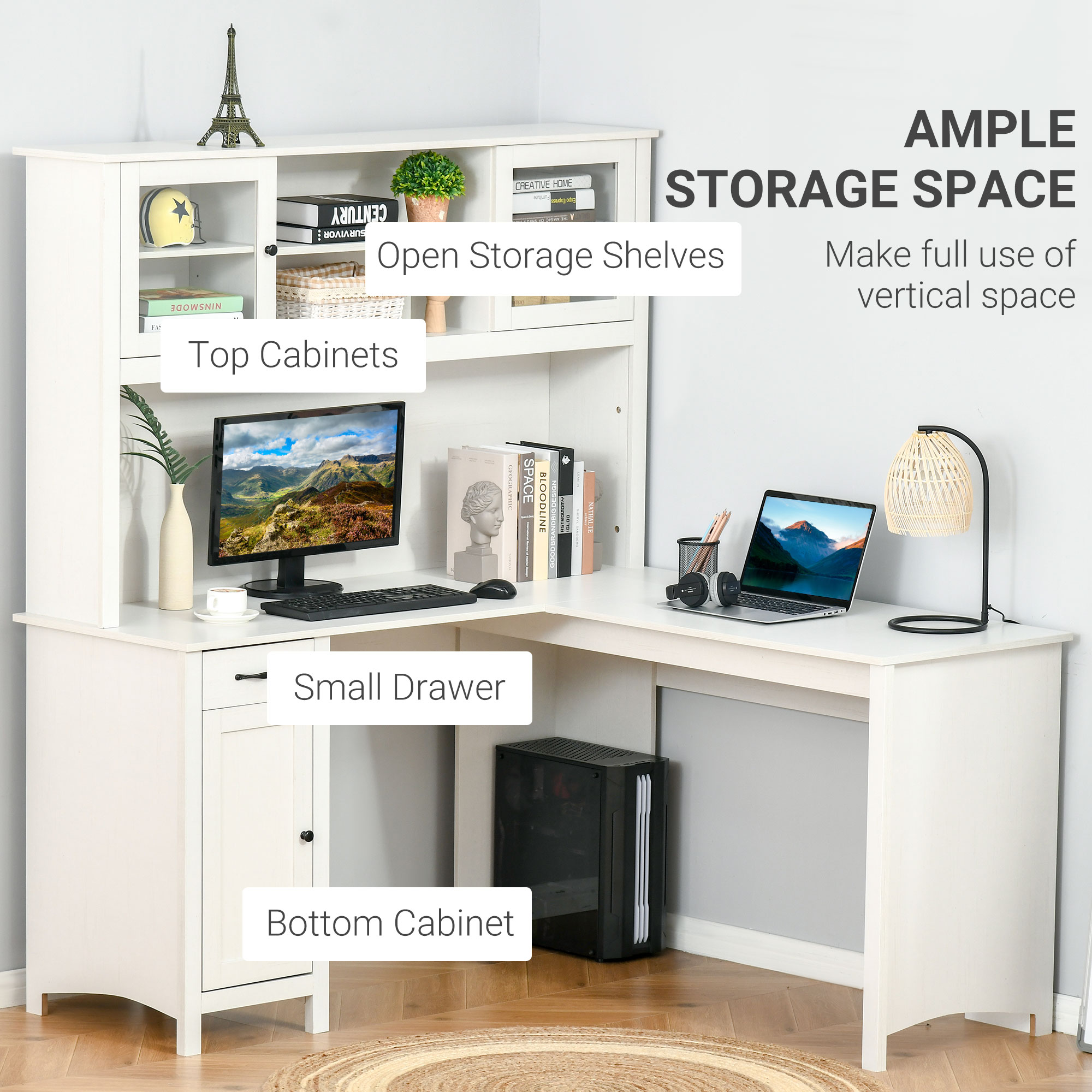 HOMCOM L Shaped Desk with Hutch Computer Desk with Drawers Home Office  Corner Desk Study Workstation Table with Storage Cabinets Shelves White