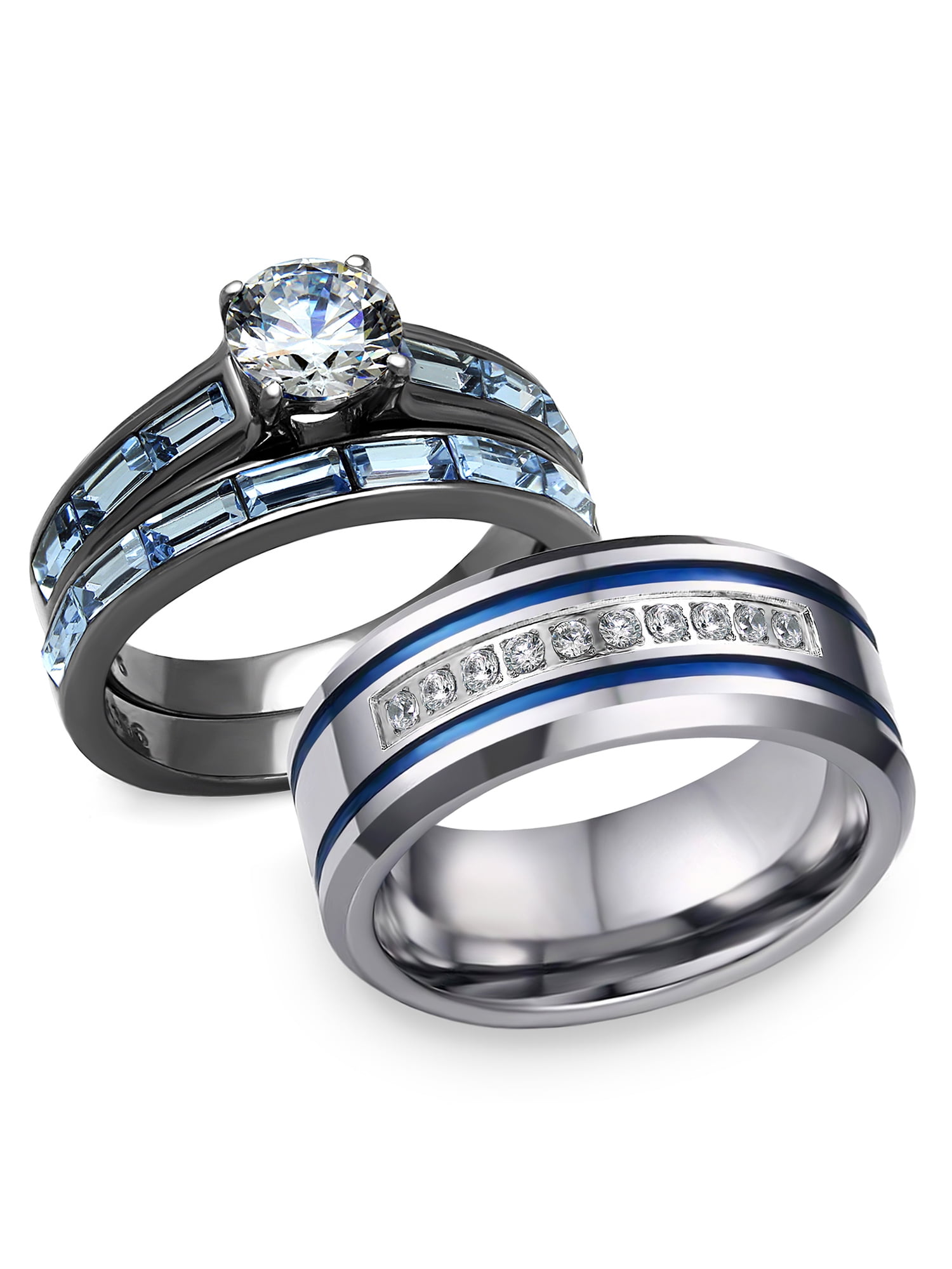 His & Her 3 Piece Stainless Steel Bridal Ring Set & Men's Titanium Wedding Band 
