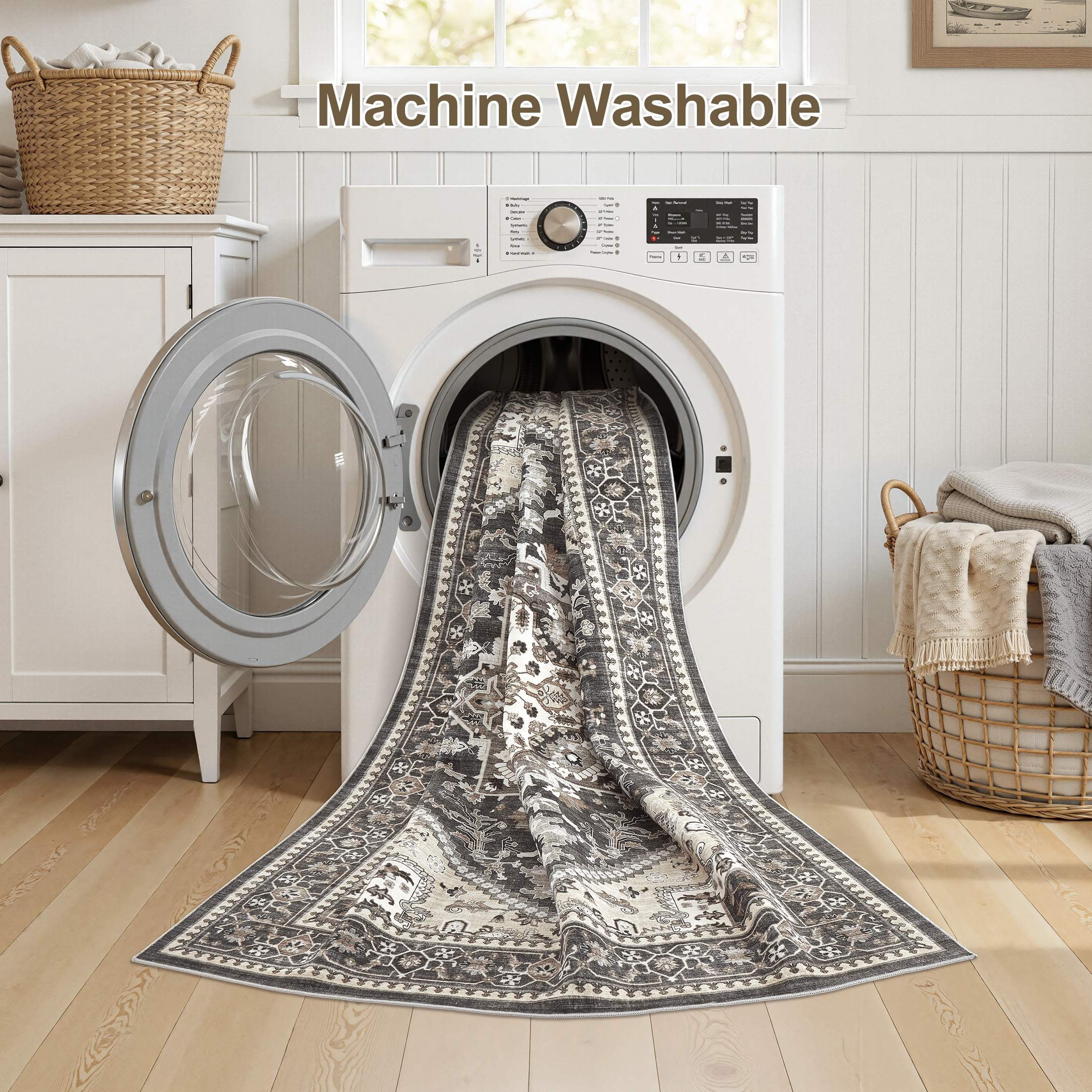 UERMEI Vintage 5'x7' Area Rugs for Living Room, Non-slip Washable Indoor Retro Rug for Bedroom Dining Room Office, Soft Low Pile Floral Rug Home Decor Carpet, Black&Beige