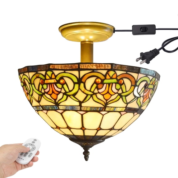 Kiven 13.8in Plug-in Flush Mount Ceiling Light Fixture, 3-Light Anti Glare Close to Ceiling Light with 15FT Cord, Tiffany-Style Glass Chandelier Dimmable for Bedroom Kitchen Hallway(No.3209)