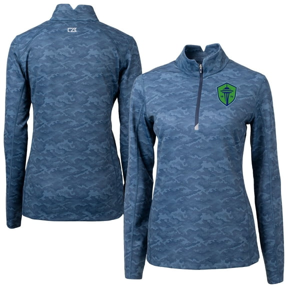 Women's-Cutter & Buck  Navy Seattle Sounders FC Traverse Stretch Eco Camo Print Quarter-Zip Pullover Top