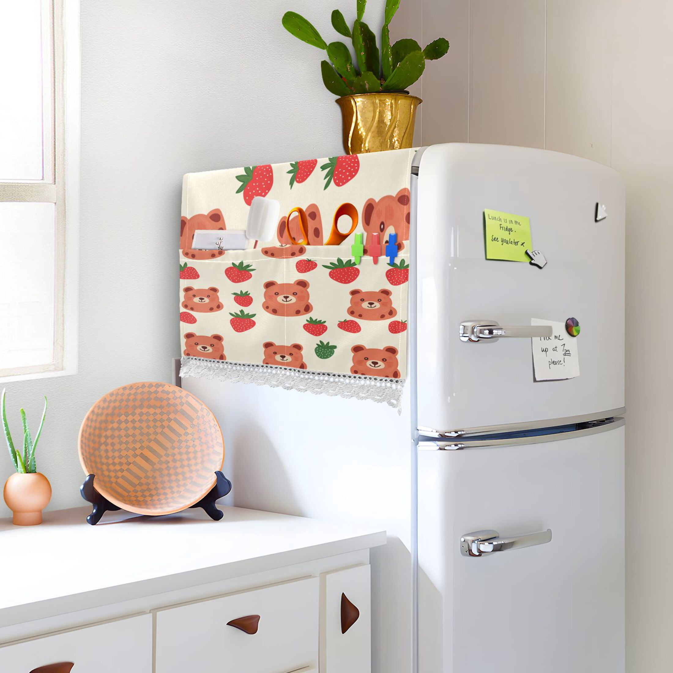 Strawberry BearWasher and Dryer Covers Dust-Proof and Oil Resistant Fridge Cover with 4 Storage Pockets Washing Machine Top Cover for Laundry Kitchen Home 51.2 x 22 In