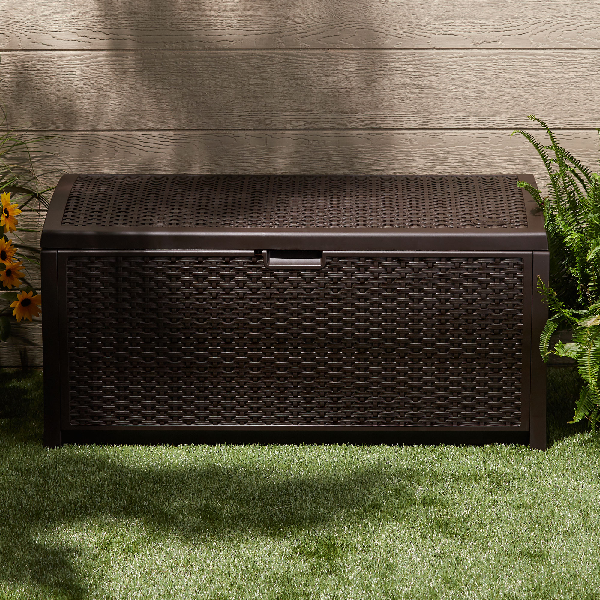 Suncast Indoor and Outdoor 73 Gallon Resin Deck Box with Seat, Mocha Brown, 46 in D x 22.5 in H x 21.6 in W - image 7 of 8
