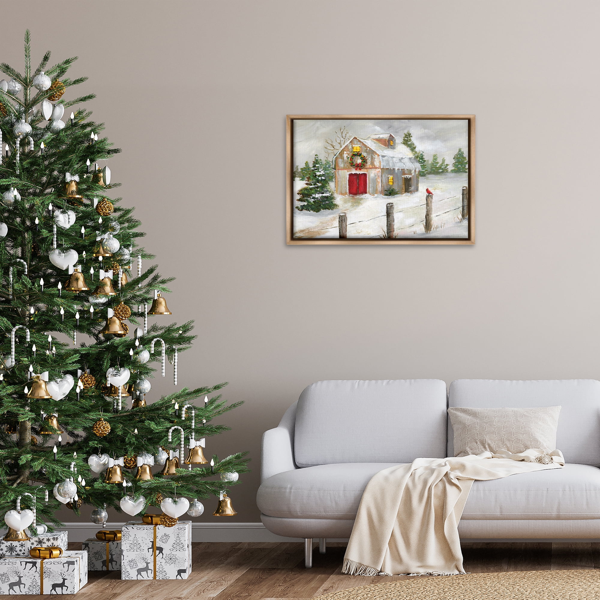 Stupell Industries Winter Farmhouse Scene Holiday Painting Brown Floater Framed Canvas Art Prints Wall Art, 31 x 21