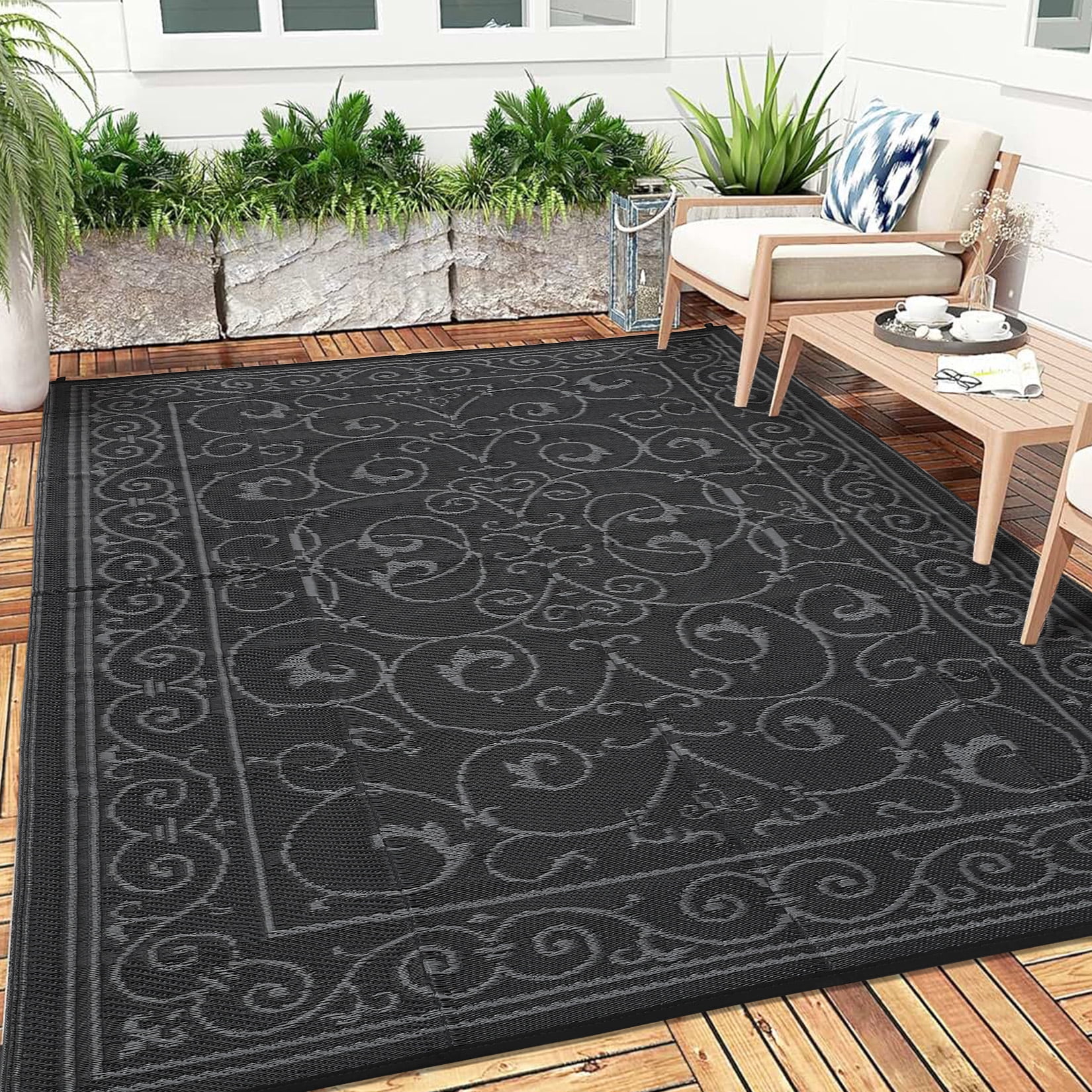 Garvee 8'x10' Outdoor Rug Waterproof Plastic Straw Rug, Reversible Outside Carpet UV Resistant Modern RV Mat for Backyard Garden Deck Poolside, Black
