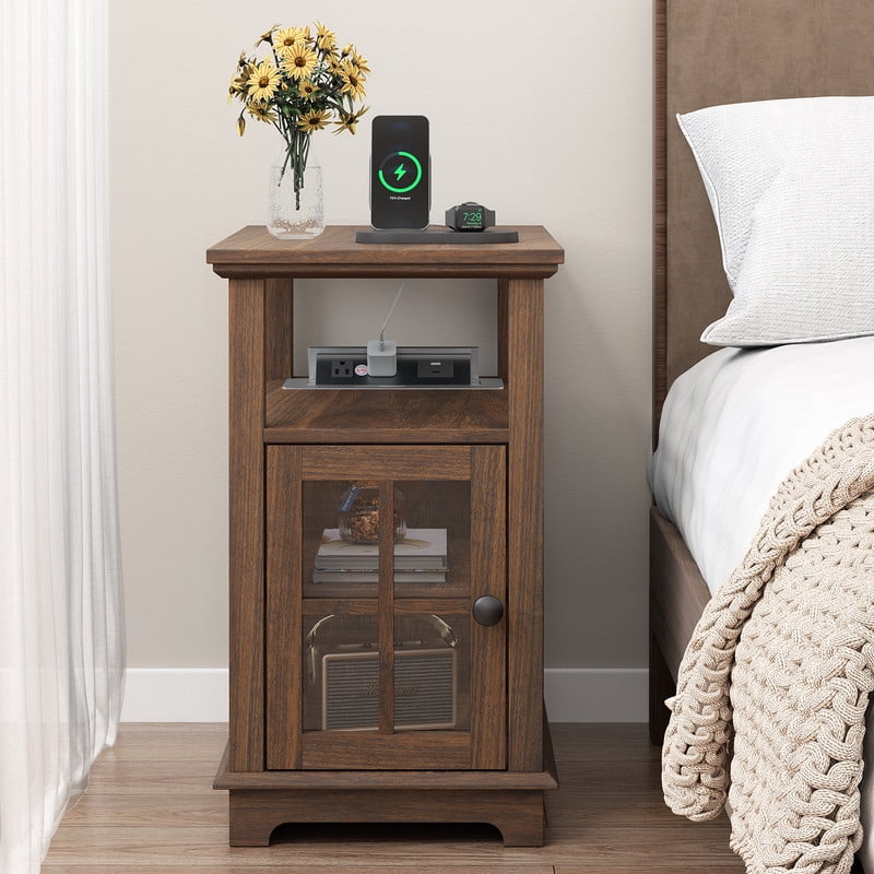 PLAMLE End Tables for Living Room with Storage Shelf,Narrow Sofa Side Table Slim Chair Side Table Adjustable Feet End table for Bedroom