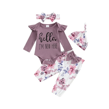 

Mioliknya Girl Long Sleeve Romper with Flower Pants and Hat Bow Headband