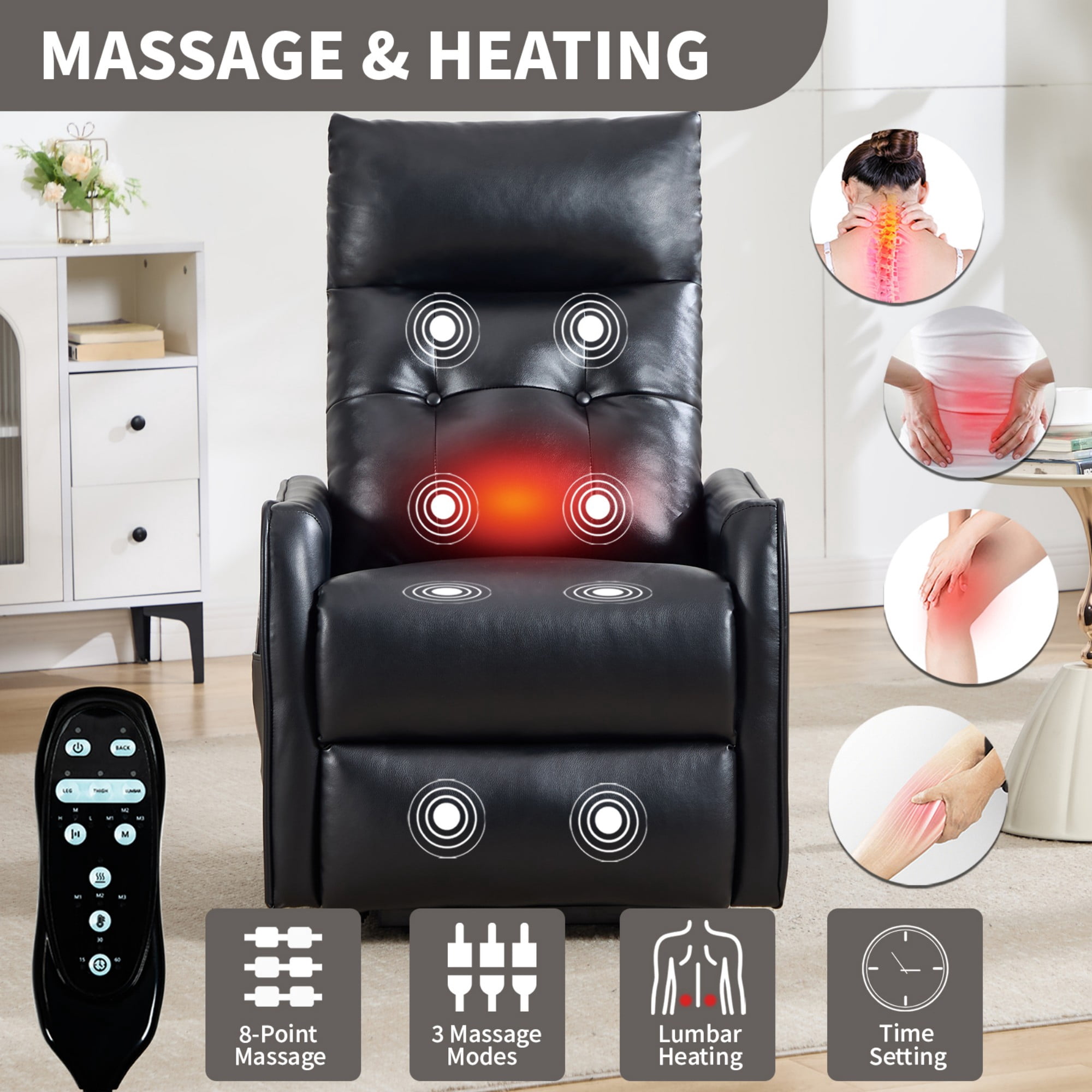BSHTI Faux Leather Power Lift Recliner Chair with Vibration Massage, Lumbar Heat, USB Charging for Living Room(Black)