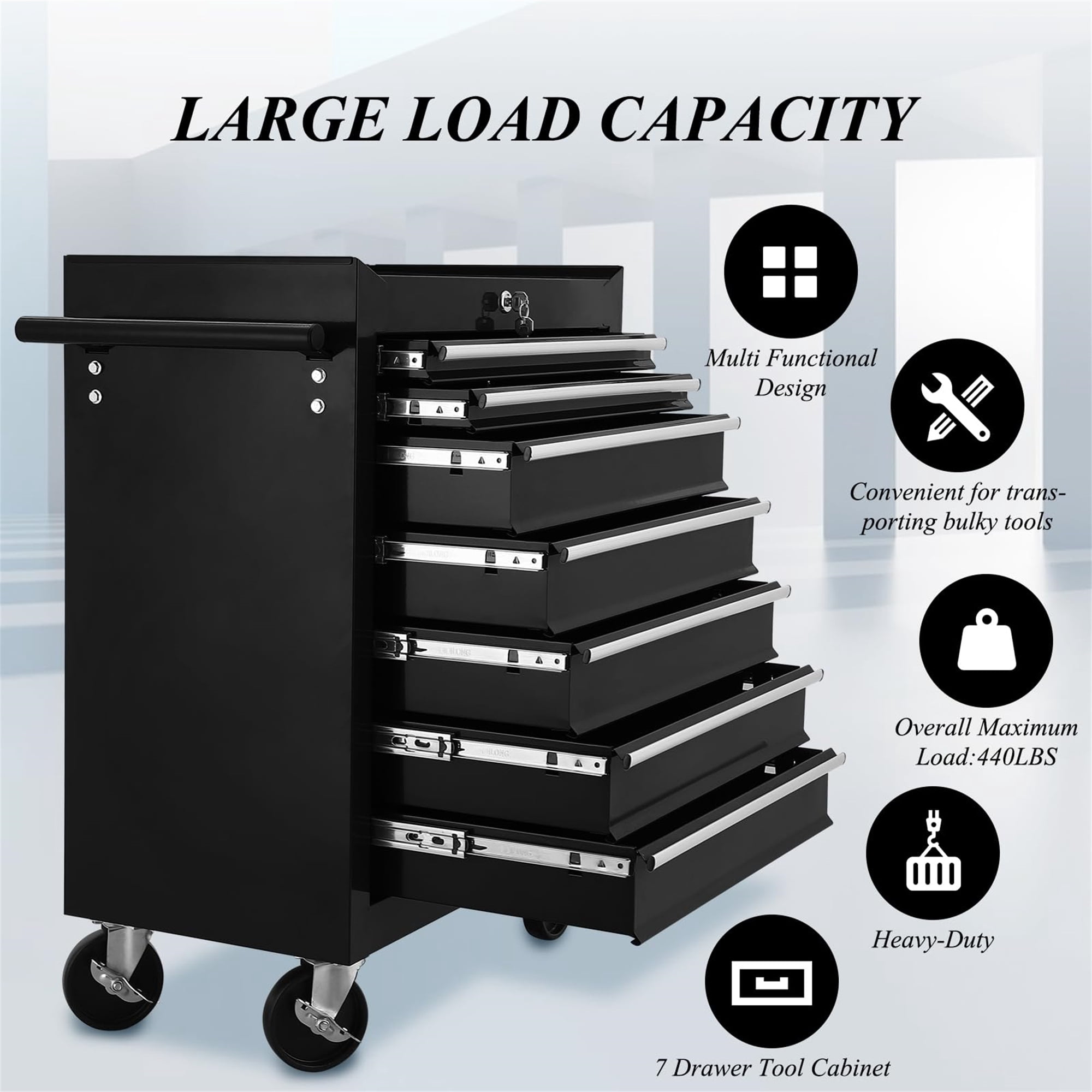 Aukfa Tool Chest, 24.5 in 7-Drawer Steel Rolling Tool Box on Wheels for Workshop Garage, Black