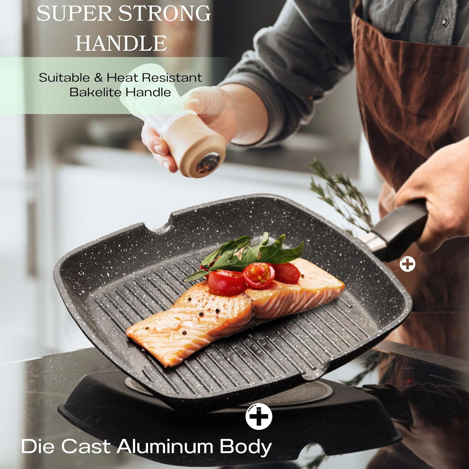 Aluminum Nonstick Grill Pan for Stove Tops, Versatile Griddle Skillet with Pour Spouts, 11 Inch Square Grill Pan Big Cooking Surface, Durable Skillet For Indoor Cooking & Outdoor Grilling
