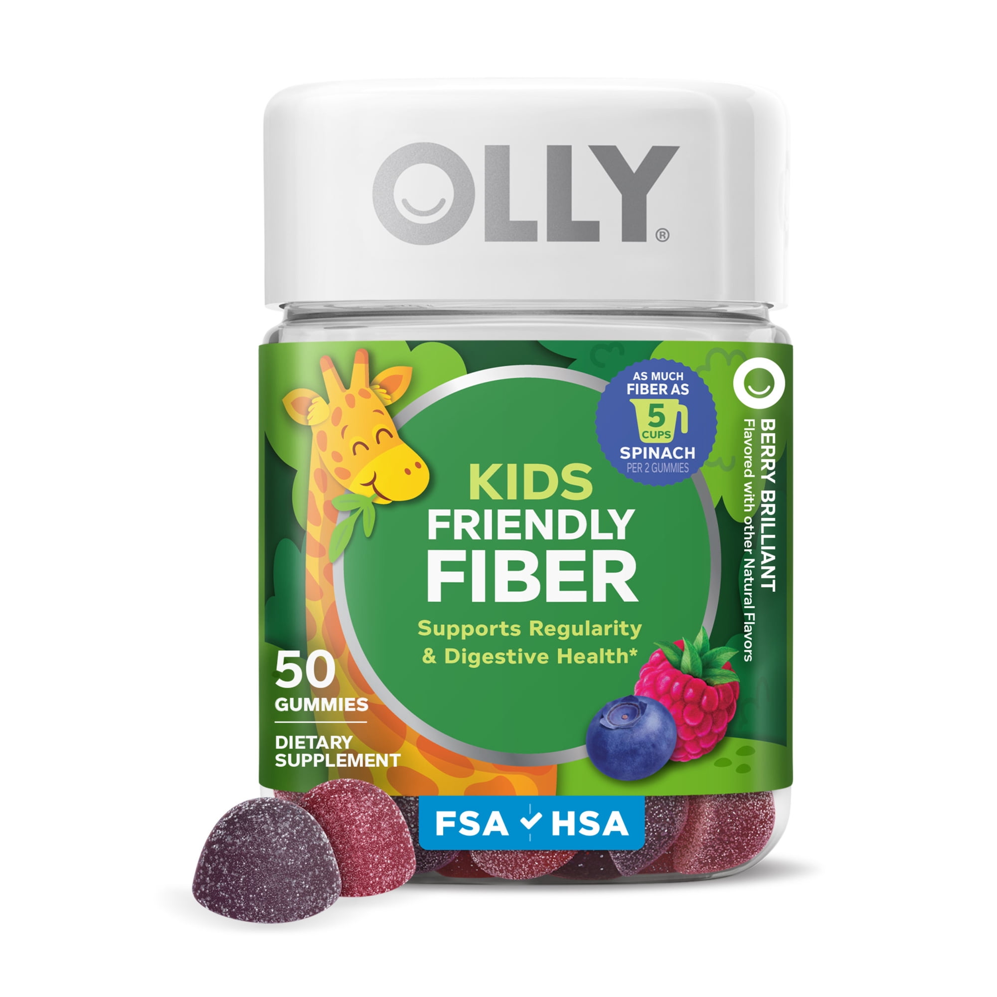 OLLY Kids Friendly Fiber Gummy Supplement, 3g Prebiotic Fiber FOS, Berry Flavored, 50Count