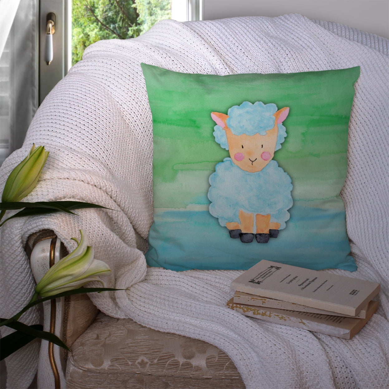 Carolines Treasures BB7414PW1414 Sheep Lamb Watercolor Fabric Decorative Pillow  14Hx14W multicolor