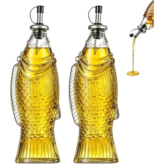 Fish Shape Oil Dispenser, 500ML Glass Olive Oil Dispenser Bottle with Leakproof Dripproof Design, Kitchen Cooking Oil Container