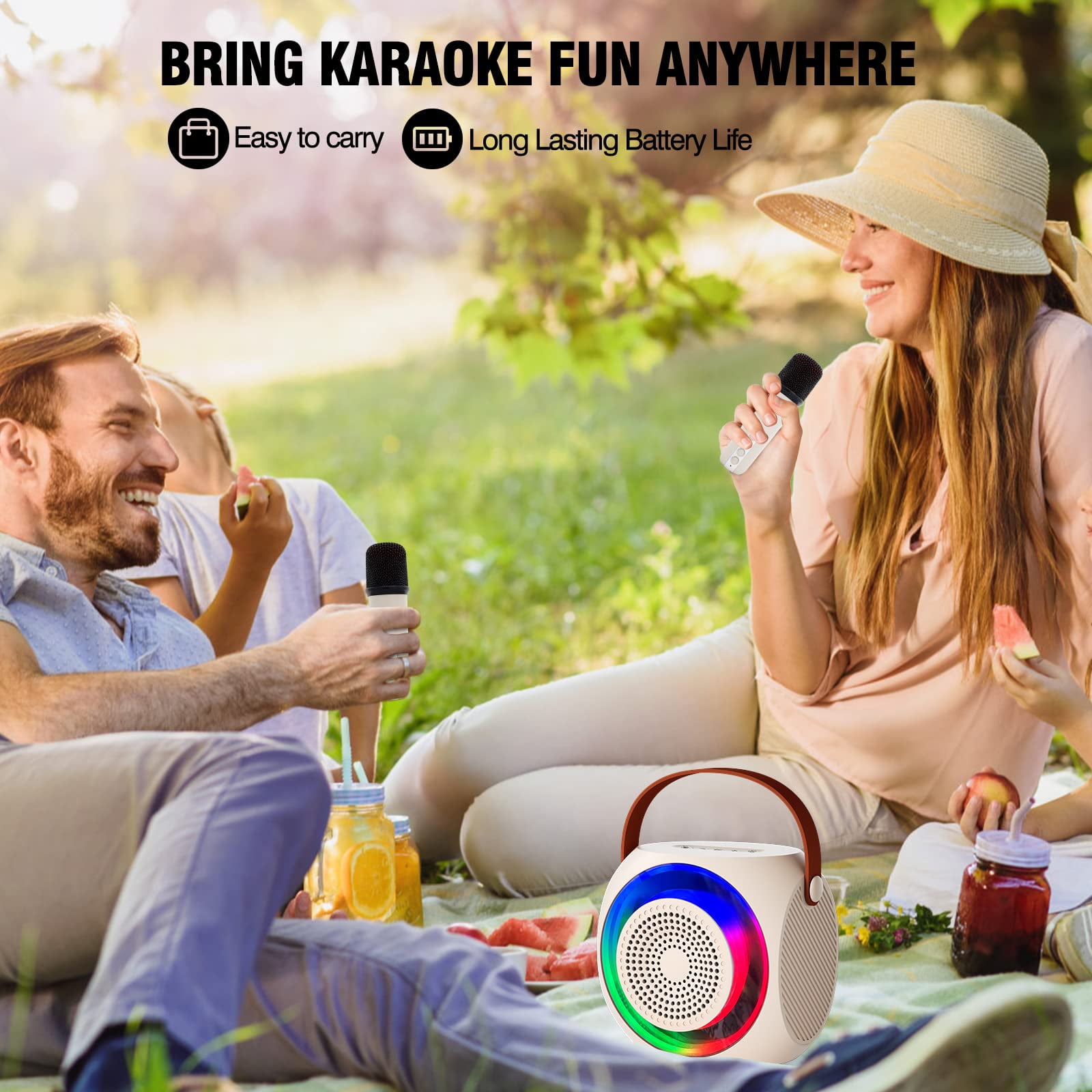 Mini Karaoke Machine for Kids Adults, Portable Karaoke Speaker with 2 Wilreless Microphones and Bluetooth for Home Party, Birthday Gifts for Boys/Girls,Beige