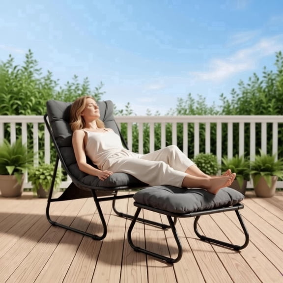 QuzyAor Outdoor Lounge Chair with Ottoman, Comfy Sling Recliner with Puffy Cushion, Armless Patio Chair for Living Room Bedroom Reading, Grey