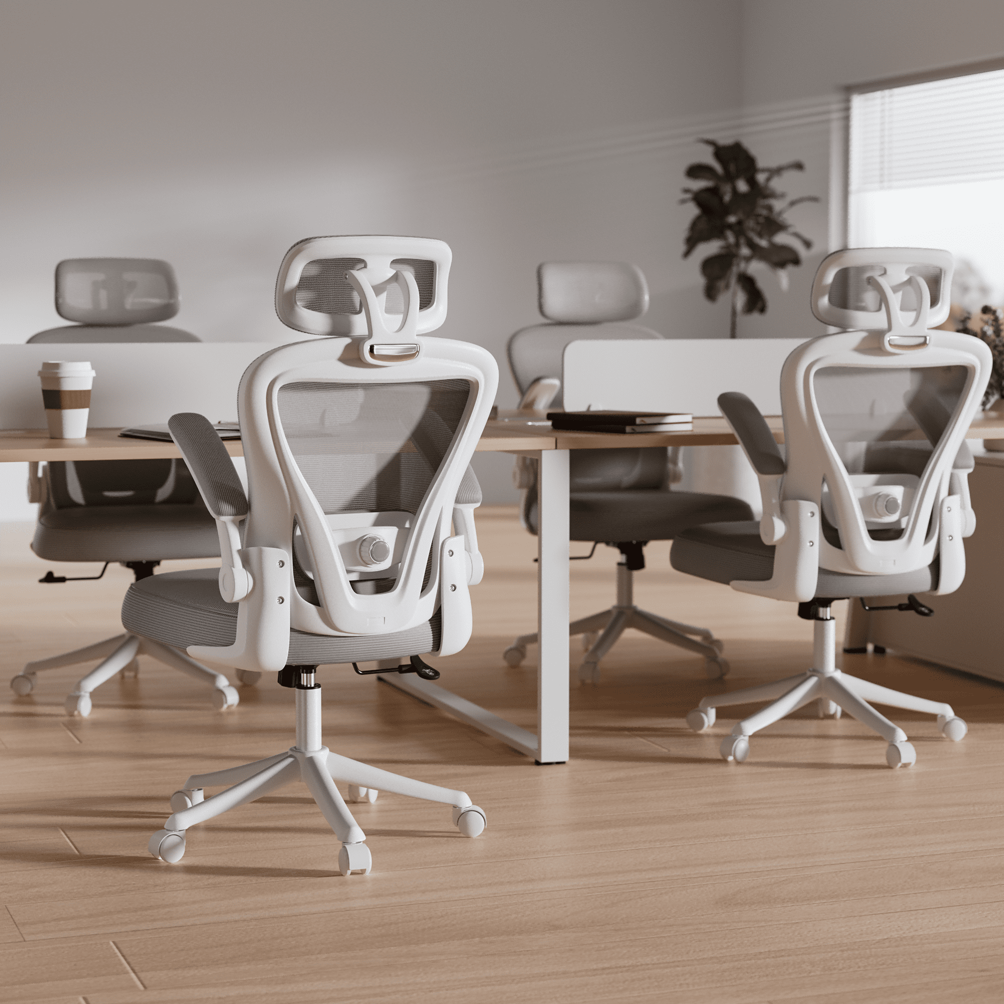 HomeZeer Desk Chairs with Wheels, Mesh Office Chair with Lumbar Support, Ergonomic High Back Office Chair with Adjustable Headrest and Flip-up Arms, Executive Office Chair Home Office, White & Gray