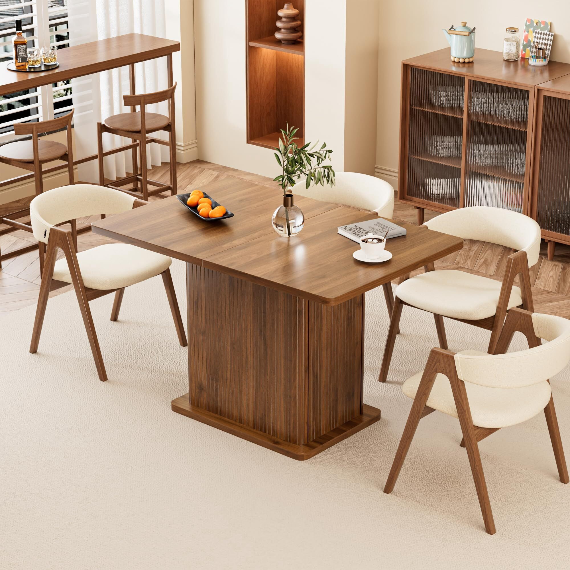 Extendable Black Dining Table 47-65", Seats 4-6, Fluted Wood Kitchen Table with Storage, Mid Century Modern, Walnut