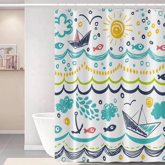 Cute Sea Fishes Shower Curtain for Bathroom Clouds Sun Waterproof Fabric Bathtub Curtains Rain Boat Cartoon Wave Bathroom Decoration for Kids Shower Curtains with Hooks 72"W x 72"L (Pack of 1)