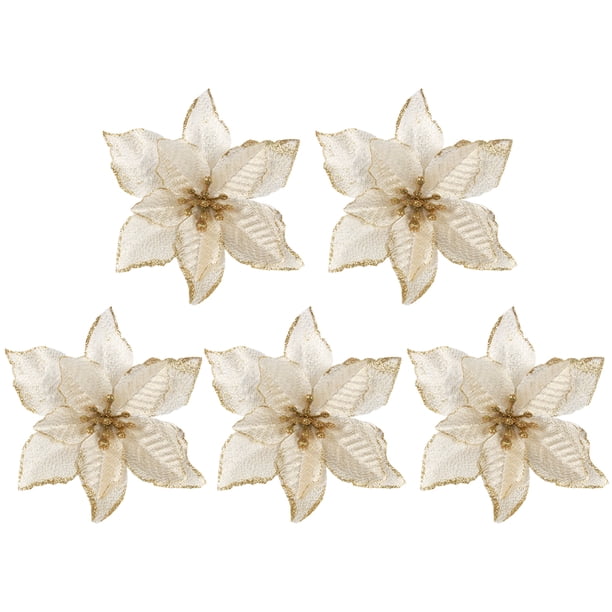 EeaseMX 5 piezas de flores artificiales con purpurina navideña, corona floral, decoración para árbol de Navidad (doradas)