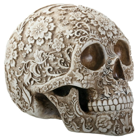 SUMMIT COLLECTION Day of The Dead 8 Inch White and Light Brown Colored Floral Human Skull Collectible
