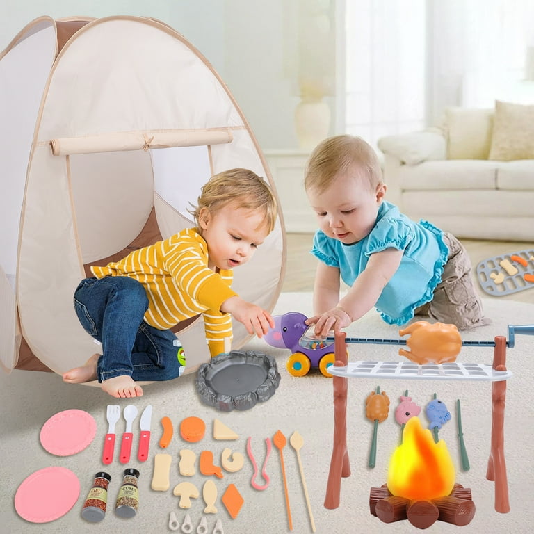 Camping Toy Set with Play Tent, Campfire, 39Pcs BBQ Toys with Pop