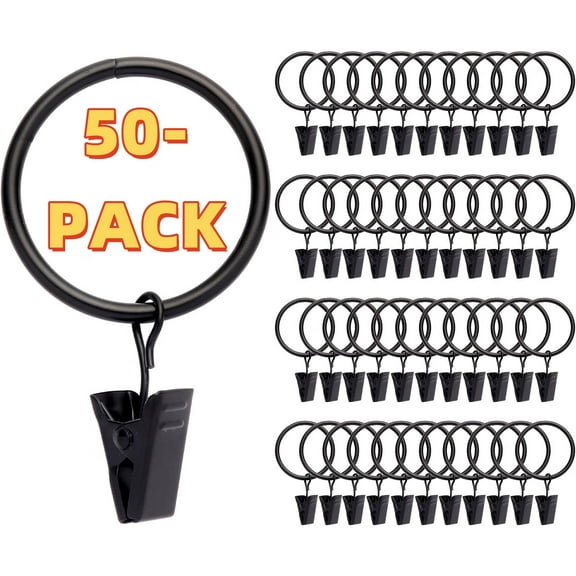 50 Pack Rings Curtain Clips Rustproof Metal Window Drapery Decorative Clips Vintage Heavy Duty Eyelet Curtain Rods Hangers Rings with Hooks,1.25In Inner Diameter (Black-Non Open)