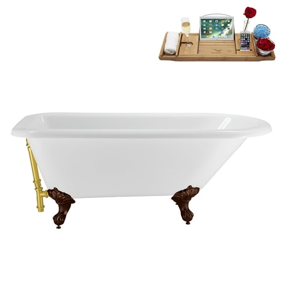 62" Streamline N4840ORB-GLD Soaking Clawfoot Tub and Tray With External Drain in Polished Gold and Matte Oil Rubbed Bronze Clawfeet
