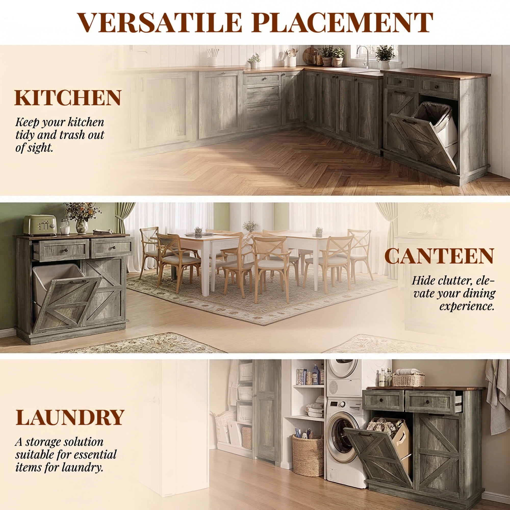 HOQBN Tilt Out Trash Can Cabinet, Farmhouse Wooden Double 10-Gallon Hidden Garbage Bin with Drawer, Dog Proof Storage Cabinet for Kitchen, Laundry and Living Room Grey+Brown