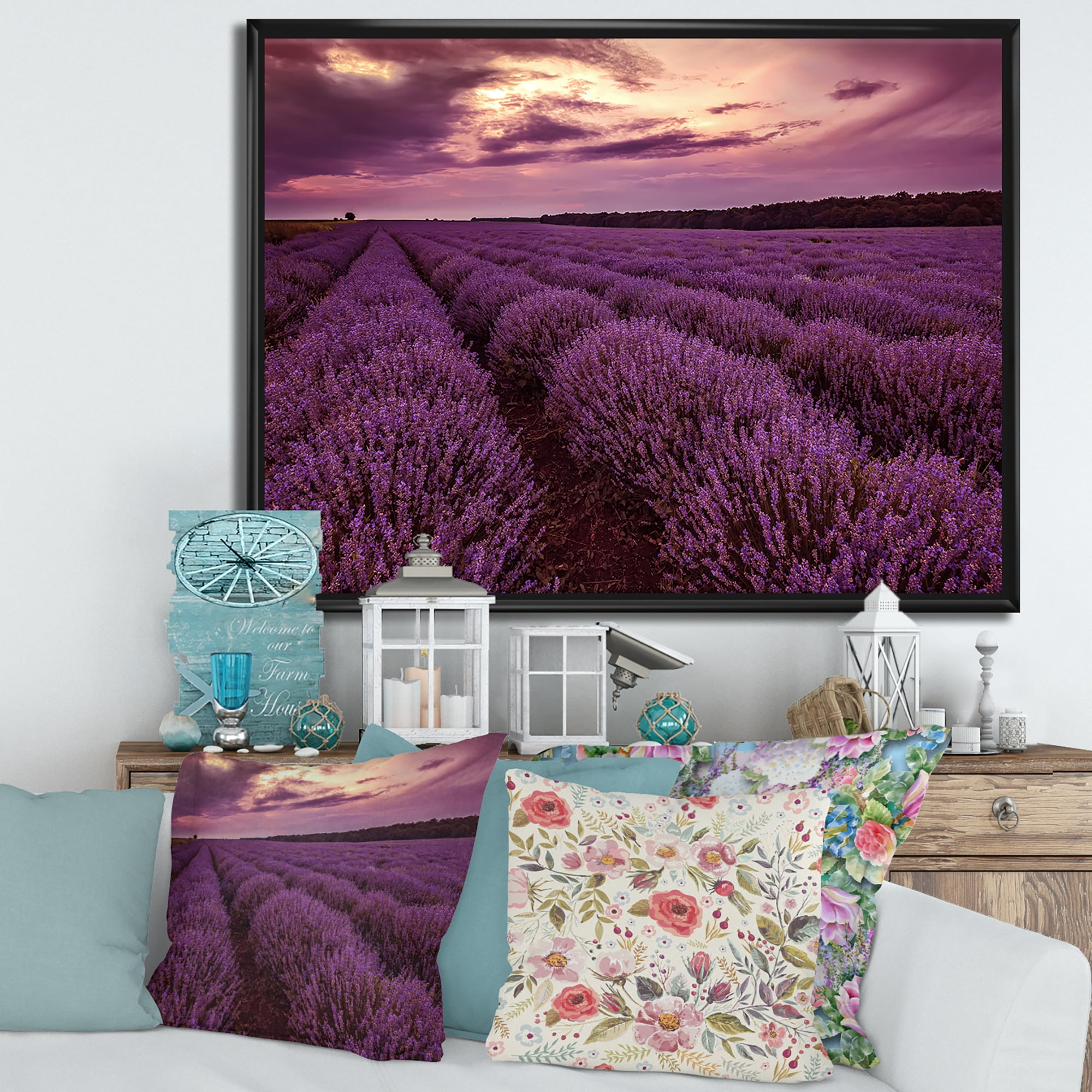 Designart 'Dramatic Clouds and Sunrise Over Lavender Field III' Farmhouse Framed Canvas Wall Art Print