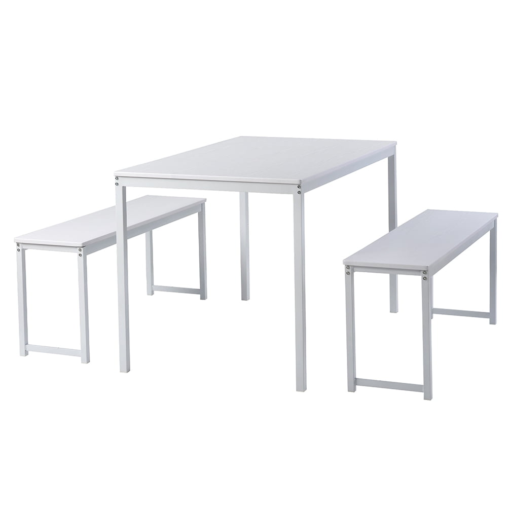 Kepooman 3-Piece Dining Table Set with Two Benches, White