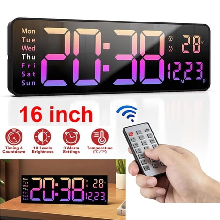 Ryhampaper 16 inch Big Digital LED Clock Wall Mount Large Numbers Timer Date Temperature Pink Gradient