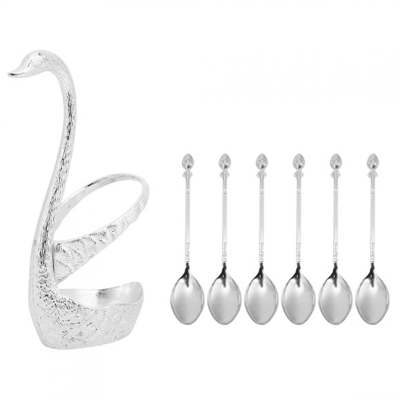 Blantye Alliage de Zinc Cygne □ Support en Forme de cuillère de Dessert de Fruits Ensemble de Cuisine de Cuisine de Cuisine (Silver 6 cuillères)