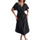 thumbnail image 4 of VISgogo Vestido casual para mujer, cuello en V, manga corta, plisado, dobladillo grande, color sólido, vestido largo con cinturón VISgogo moda, 4 of 7