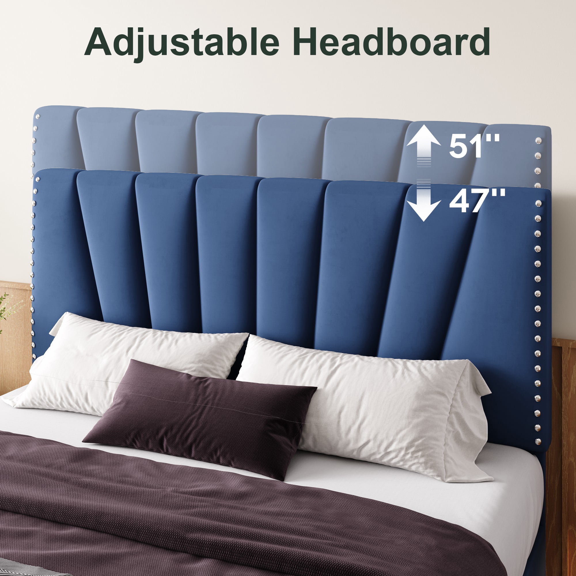 Einfach King Size Premium Velvet Upholstered Platform Bed Frame with Adjustable Headboard,Under-Bed Storage,Heavy-Duty Metal Support, Noise-Free Slats, Blue