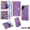 thumbnail image 1 of Mantto Women Case for Samsung Galaxy S20 Ultra - 6.9 inch Wallet Case, Multifunctional 9 Card Slots Bling Zipper Purse Pocket Glitter Leather Magnetic Flip Kickstand Wrist Strap Case, Purple, 1 of 11