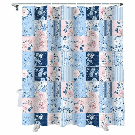 Shower Curtains Pink Floral Bath Curtain Farmhouse Blue VIntage Texture Waterproof Bathroom Shower Curtain Set with Hooks Decoration 72 x 72 Inches