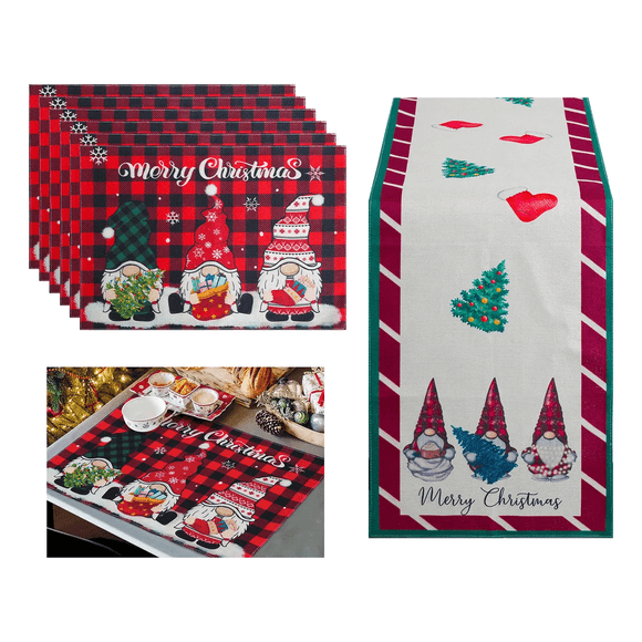 "Camino De Mesa + 6 Manteles Decoración Navidad Enanitos Malubero, Rojo "