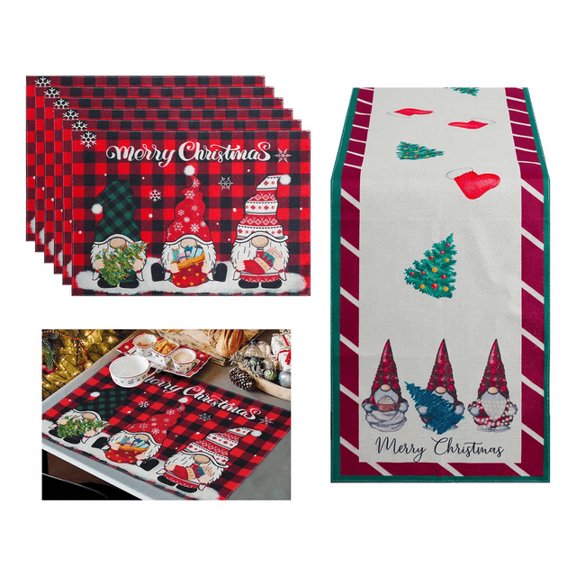 "Camino De Mesa + 6 Manteles Decoración Navidad Enanitos Malubero, Rojo "