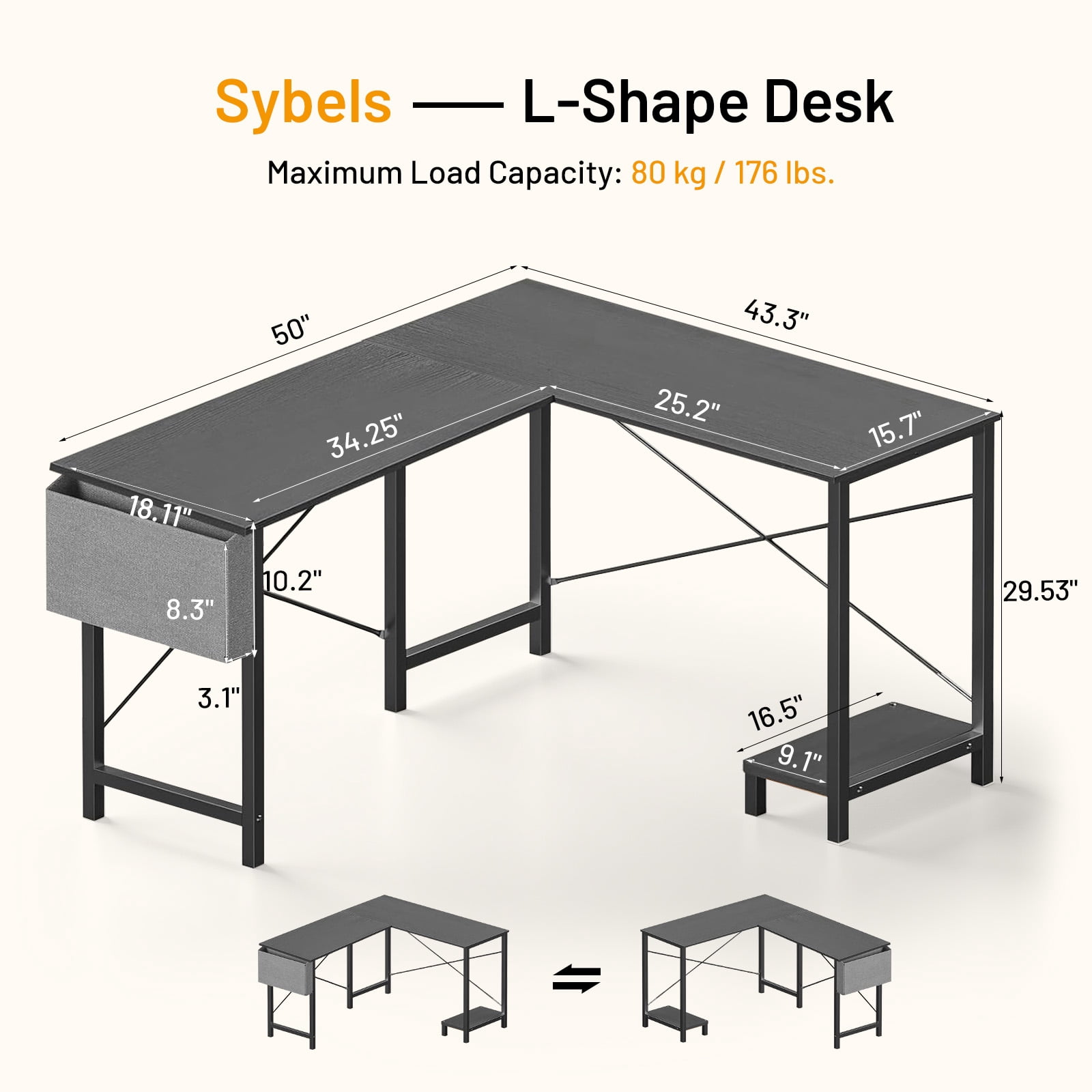 Sybels 50-inch L-Shaped Gaming Computer Desk with CPU Stand & Side Bag, Corner PC Workstation for Home Office, Small Space Saver,Black