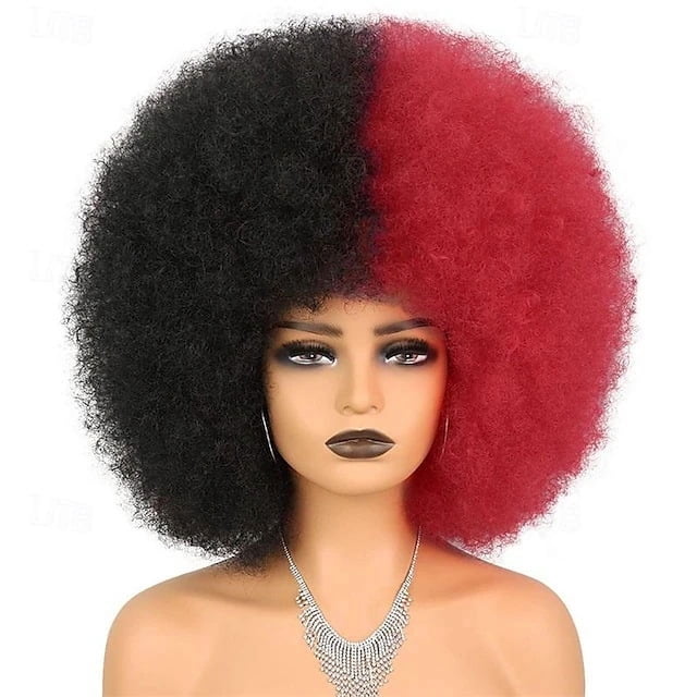 Zhuge Peluca afro suave de los años 70 para mujeres Pelucas de cabello afro rizado con flequillo Peluca afro de cabello sintético Peluca afro para uso diario en fiestas, negra y roja