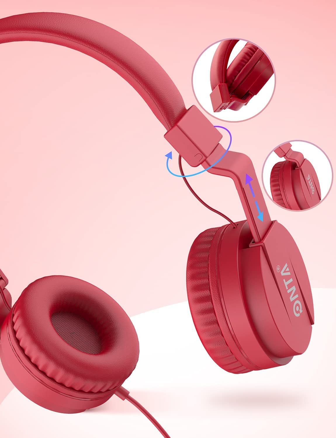 ONTA Kids Wired On-Ear Headphones, Red photo 2
