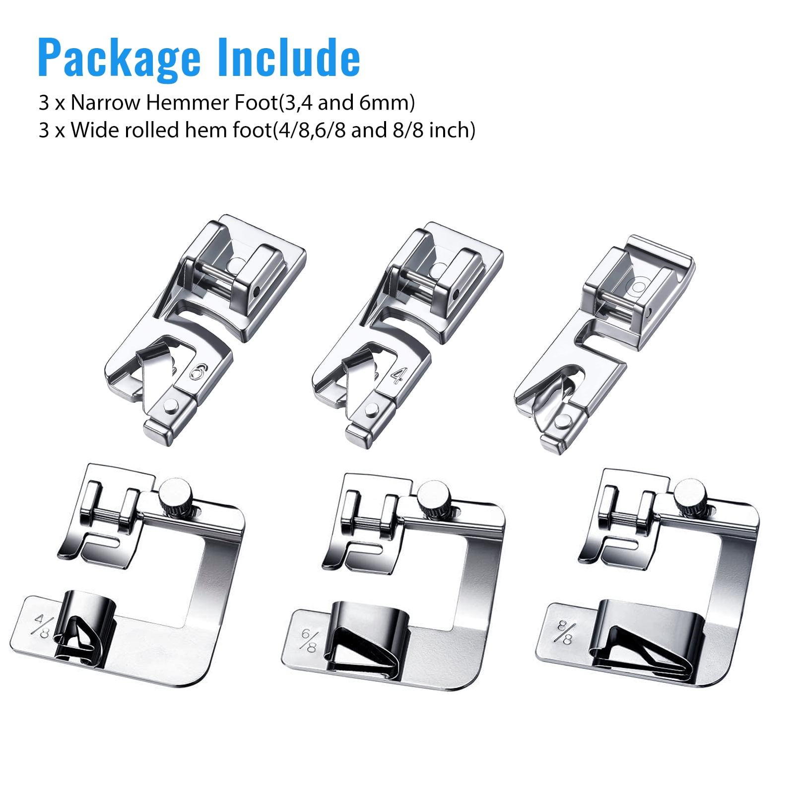 6pcs Sewing Rolled Hemmer Foot, 3mm-8mm Wide Narrow Rolled Hem Sewing Machine Presser Foot Kit,Sewing Machine Presser Foot Hemmer Foot,Seam Guide