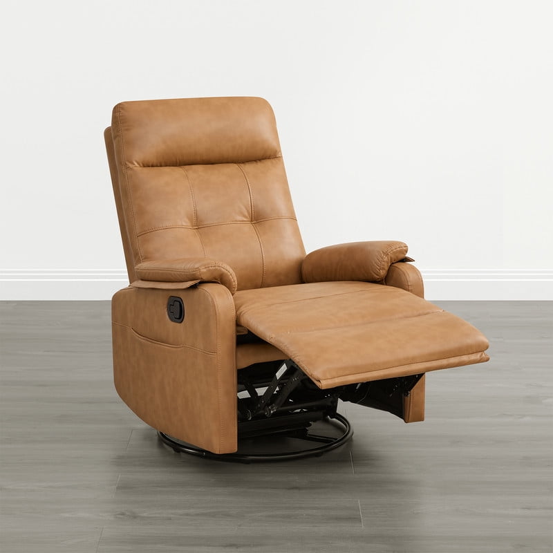 Spruce & Spring Manual Swivel Recliner Chair with Storage Pocket & Cup Holders for Living Room & Bedroom, Saddle Brown Faux Leather