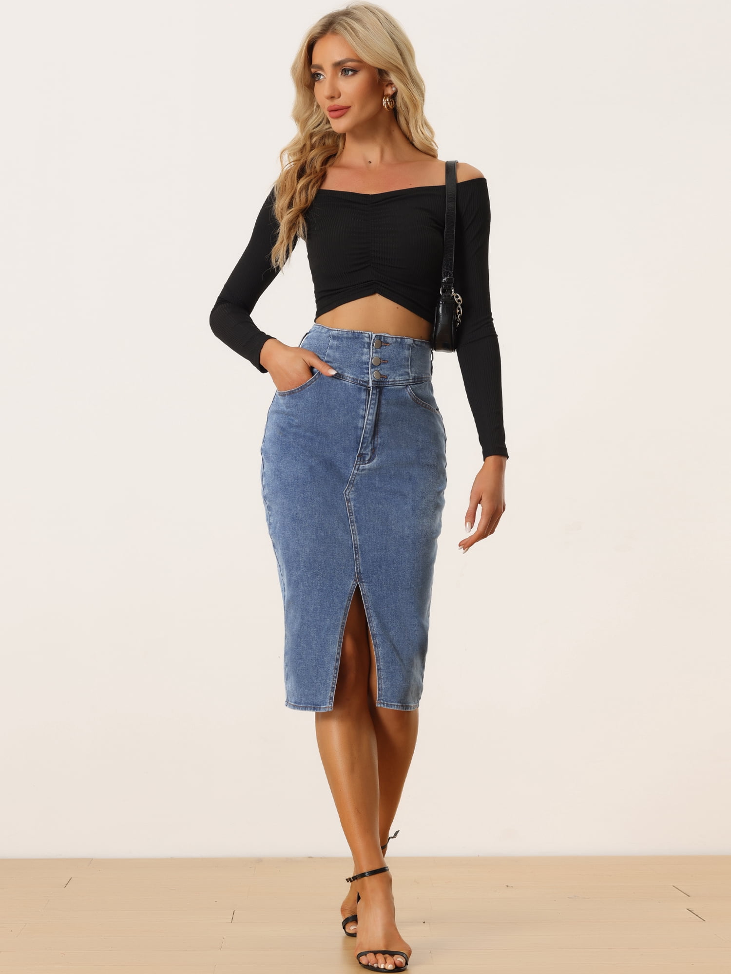 DARING DIVA Women's Denim Split Hem Pencil Jean Midi Skirts XS Blue