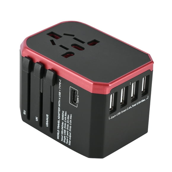 Universal Travel Adapter Plug 4 USB Ports Type C Sockets Converter for US/AU/UK/EU(Red)