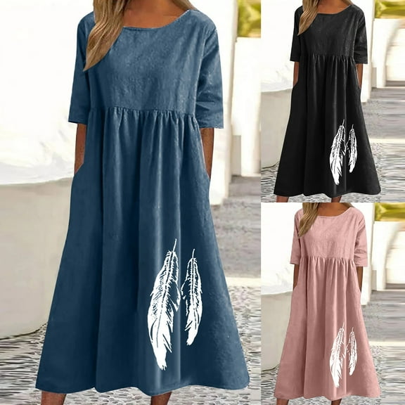 Kmdttou Plus Size Summer Dress for Women's Spring And Summer Round Neck Printing Cotton And Linen Casual Short Sleeved Dress