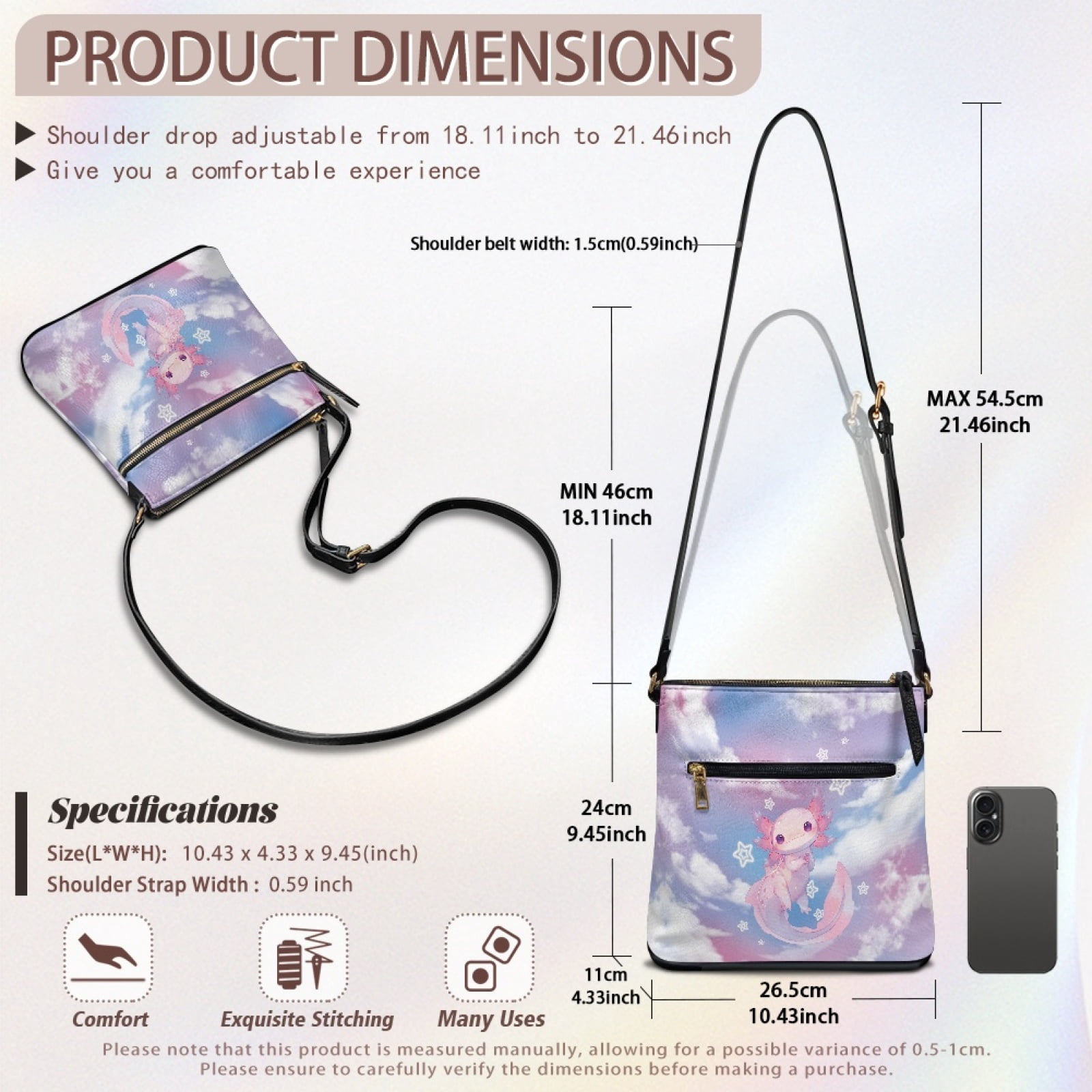 ZUXONGSY Axolotl Cloud Print Trendy Crossbody Bags for Women PU Shoulder Purse Bag Travel Bag Lightweight Multiple Pockets Bag with Zipper Closure for Dating Shopping